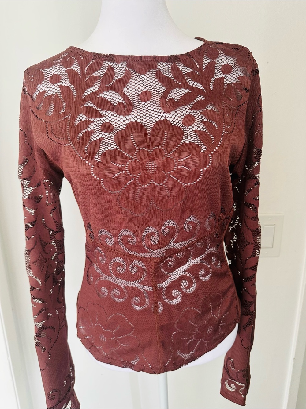 Free People Wild Roses Sheer Lace Long Sleeve Top - Brown - Size M